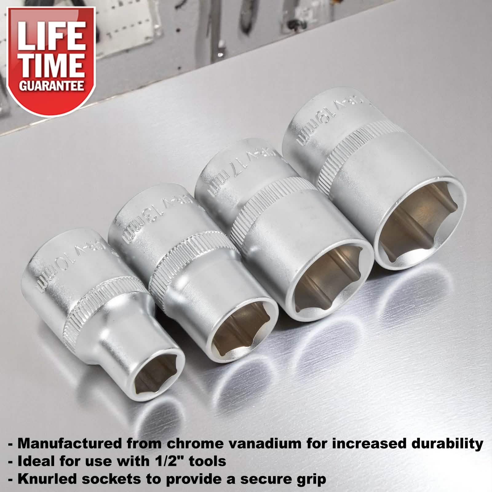 4pc 1/2" Drive Socket Set 10mm 13mm 17mm 19mm Metric Chrome Vanadium Hex Sockets
