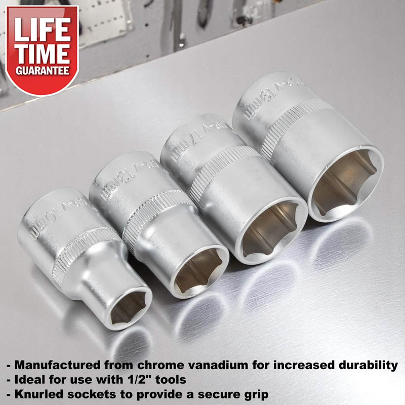 4pc 1/2" Drive Socket Set 10mm 13mm 17mm 19mm Metric Chrome Vanadium Hex Sockets
