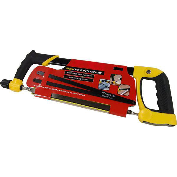 300mm Heavy Duty Hacksaw with 3 x Carbon Steel Blades | 12" Hack Saw with Soft Grip Handles