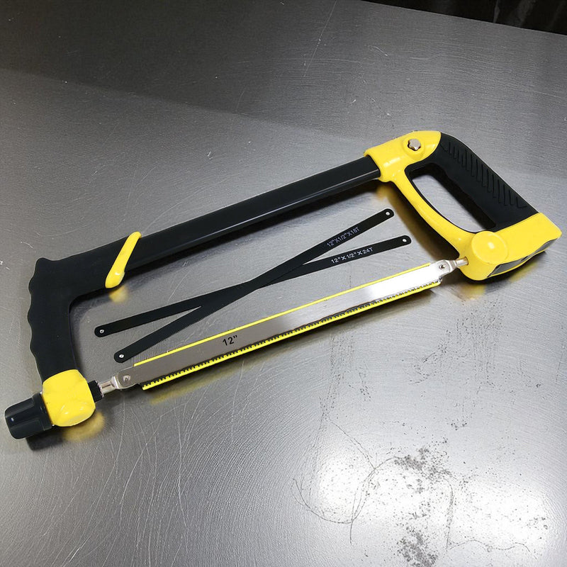 300mm Heavy Duty Hacksaw with 3 x Carbon Steel Blades | 12" Hack Saw with Soft Grip Handles