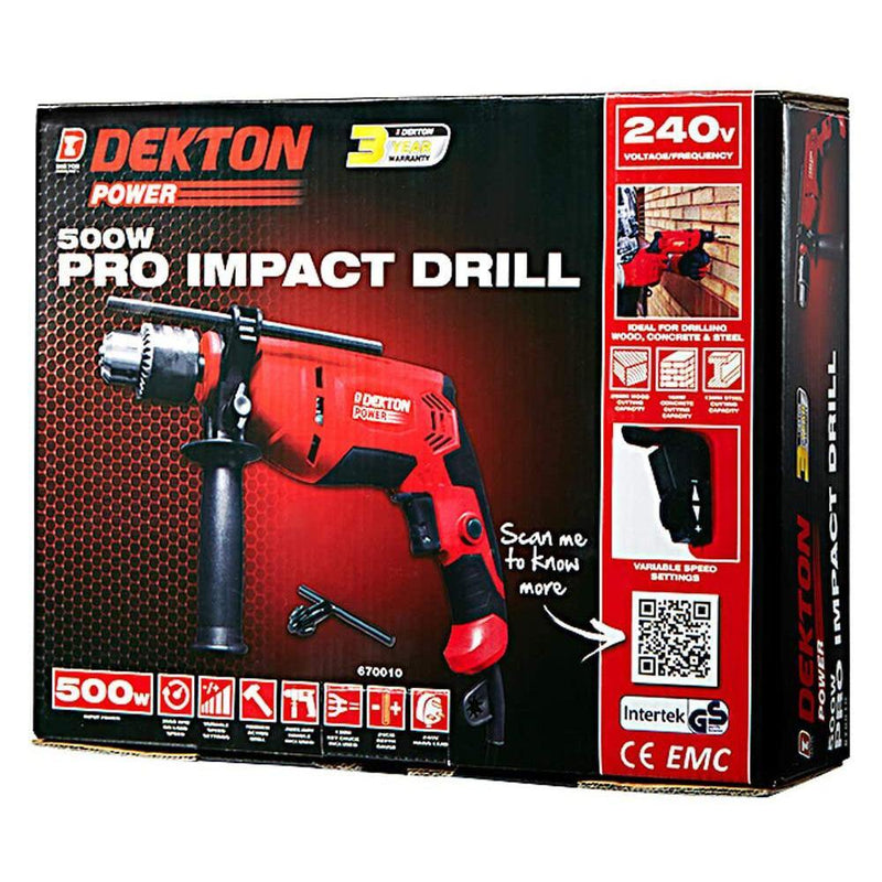 Dekton hammer drill 500W VARIABLE SPEED HAMMER DRILL + SIDE HANDLE + DEPTH ROD + 3 YEAR WARRANTY