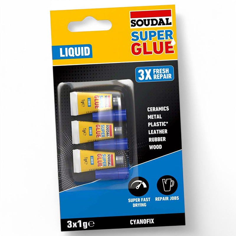 3 x 1g Tubes Soudal Super Glue | Superglue Adhesive Bonds Plastics Rubber Leather Metal