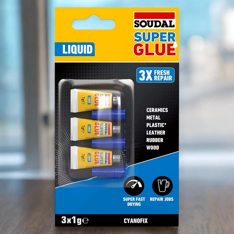 3 x 1g Tubes Soudal Super Glue | Superglue Adhesive Bonds Plastics Rubber Leather Metal