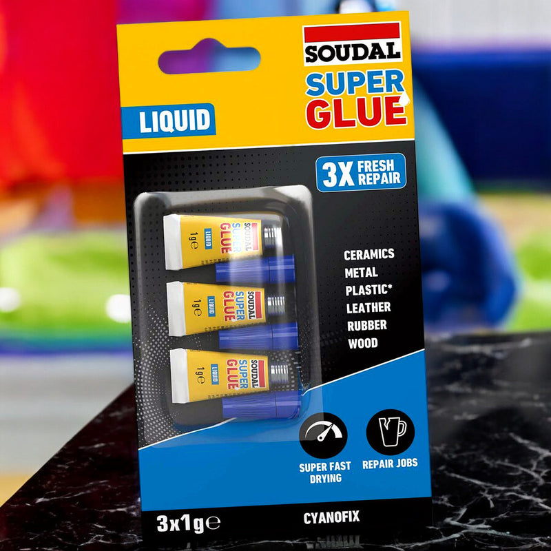 3 x 1g Tubes Soudal Super Glue | Superglue Adhesive Bonds Plastics Rubber Leather Metal