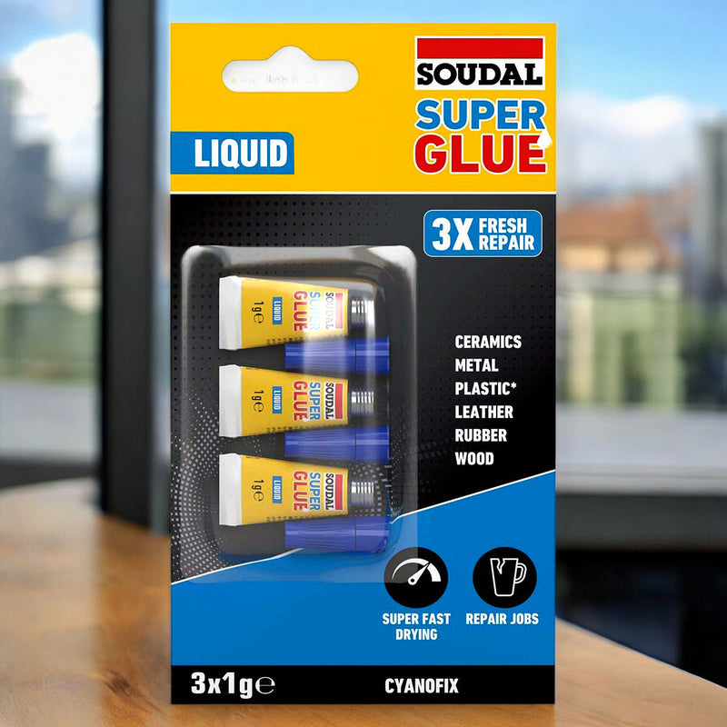 3 x 1g Tubes Soudal Super Glue | Superglue Adhesive Bonds Plastics Rubber Leather Metal