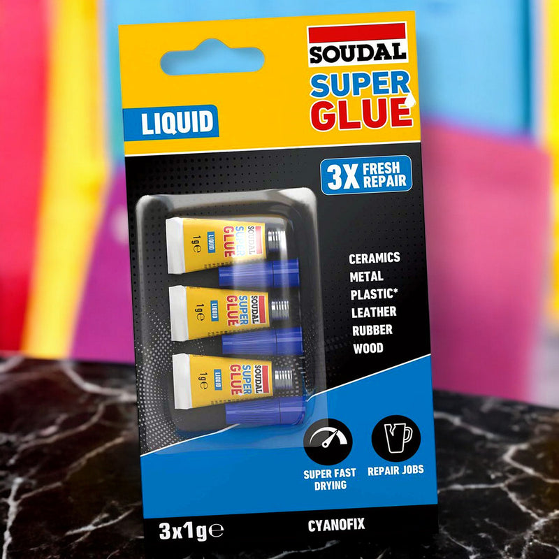 3 x 1g Tubes Soudal Super Glue | Superglue Adhesive Bonds Plastics Rubber Leather Metal
