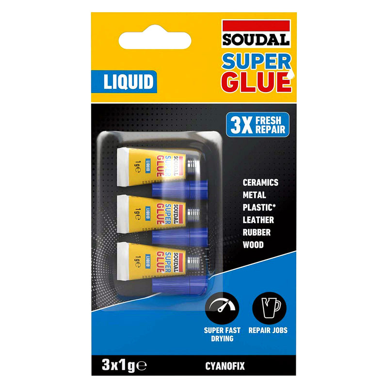 3 x 1g Tubes Soudal Super Glue | Superglue Adhesive Bonds Plastics Rubber Leather Metal