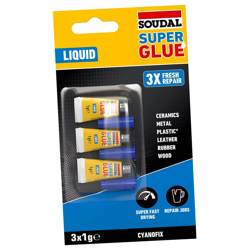 3 x 1g Tubes Soudal Super Glue | Superglue Adhesive Bonds Plastics Rubber Leather Metal