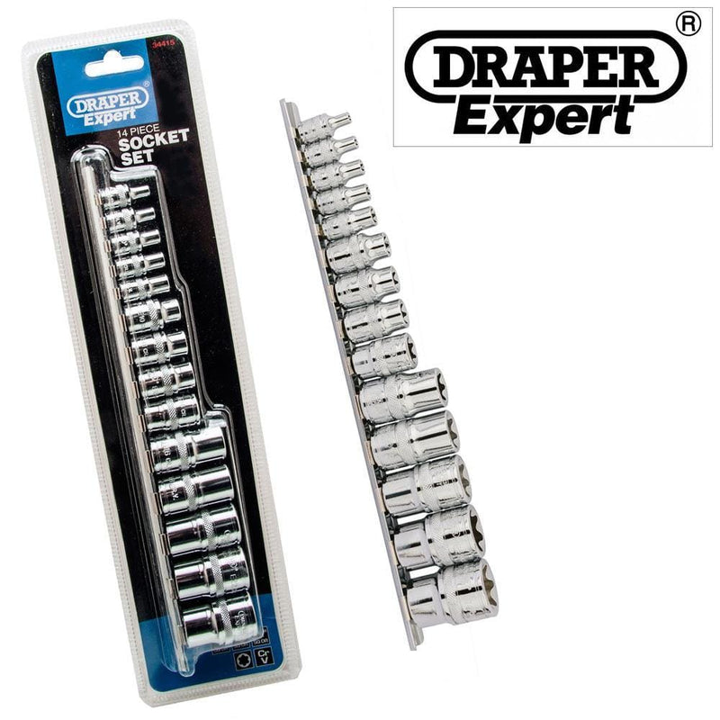 Draper Draper Expert 14Pc 1/4 3/8  1/2 Dr  Tx-Star Torx Crv Socket Set + Rail Draper 34415