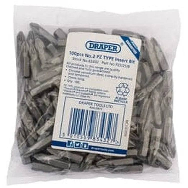 Draper Draper Pz Type Insert Bits, 1/4", No.2 (Bag Of 100) Dr-83432