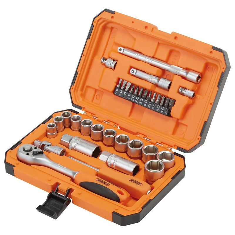 Draper Socket Set Draper 22110 34 Piece Socket & Bit Set 1/4" & 3/8" Drive 6 Point Chrome Vanadium HI-TORQ® Sockets