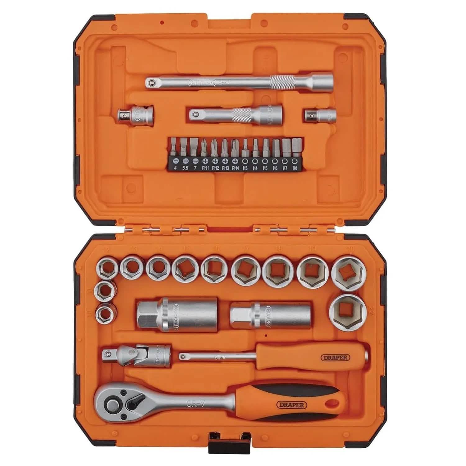 Draper Socket Set Draper 22110 34 Piece Socket & Bit Set 1/4" & 3/8" Drive 6 Point Chrome Vanadium HI-TORQ® Sockets