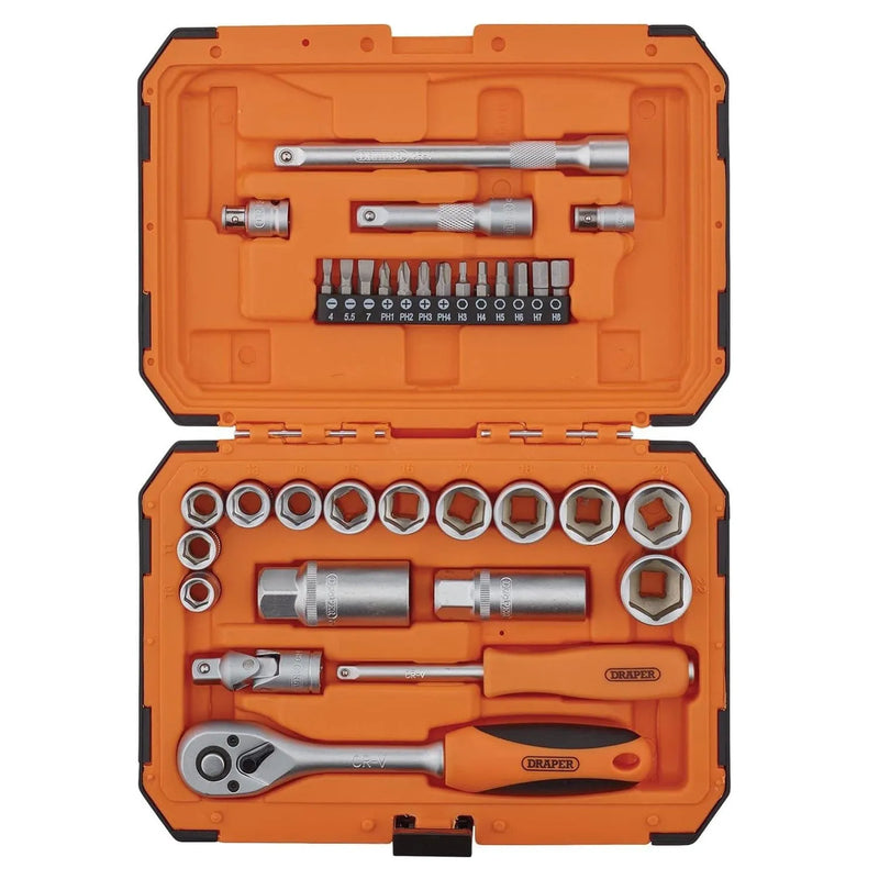 Draper Socket Set Draper 22110 34 Piece Socket & Bit Set 1/4" & 3/8" Drive 6 Point Chrome Vanadium HI-TORQ® Sockets