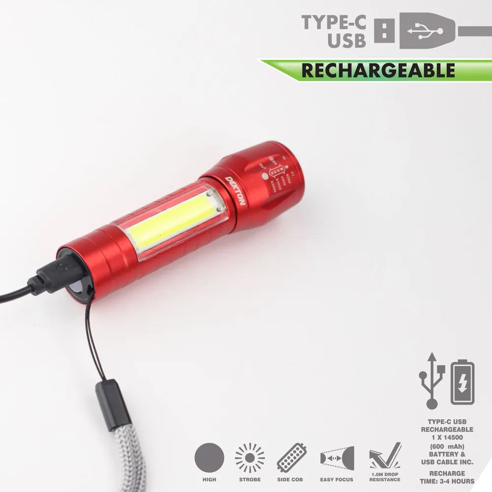 Mini LED Torch USB Rechargeable Flashlight COB Worklight Lamp Zoom Focus & Case