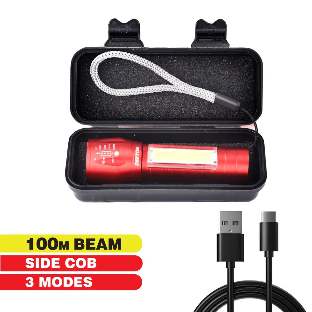 Mini LED Torch USB Rechargeable Flashlight COB Worklight Lamp Zoom Focus & Case