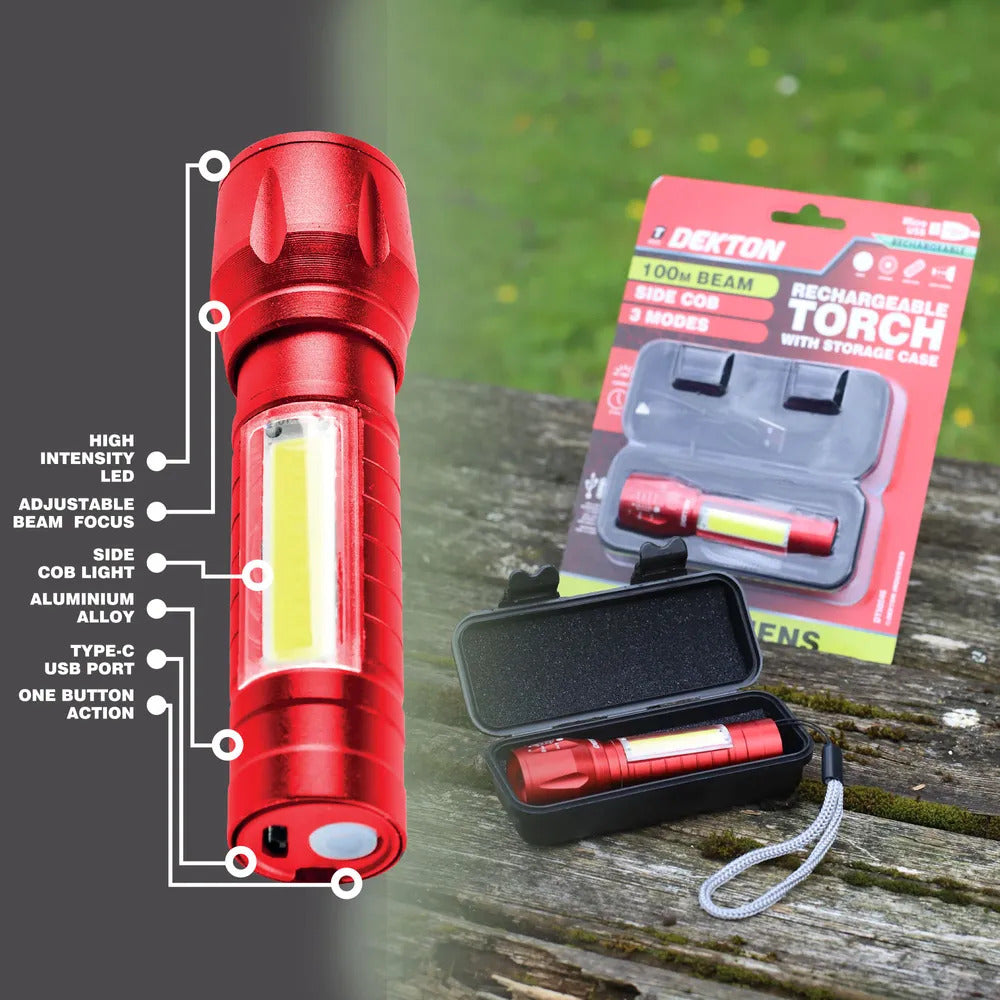 Mini LED Torch USB Rechargeable Flashlight COB Worklight Lamp Zoom Focus & Case
