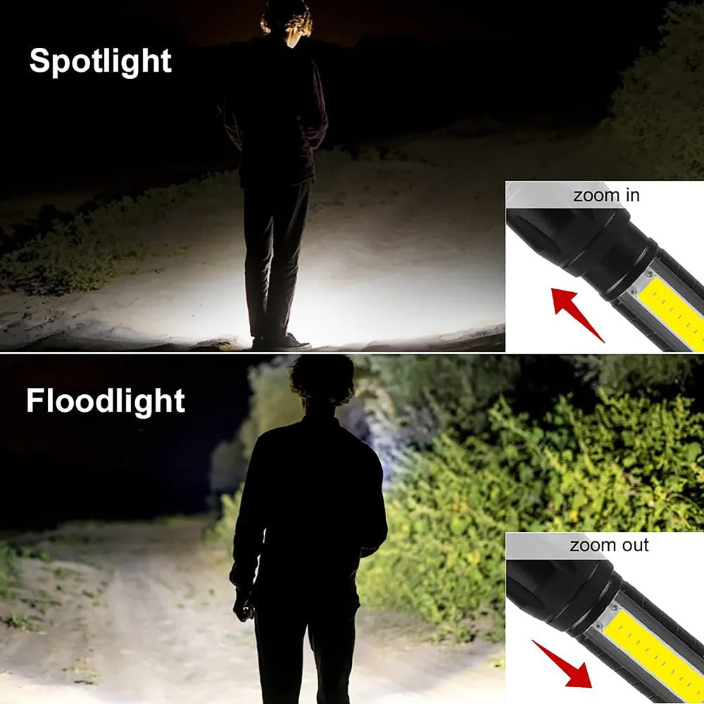 Mini LED Torch USB Rechargeable Flashlight COB Worklight Lamp Zoom Focus & Case
