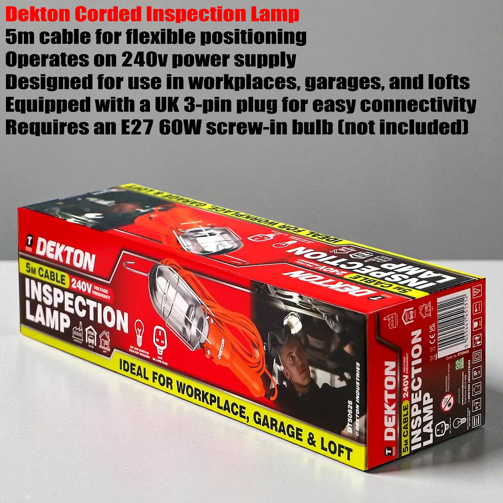 60W Inspection Lamp Garage Worklight Loft Work Light Torch c/w Hook & 5m Cable