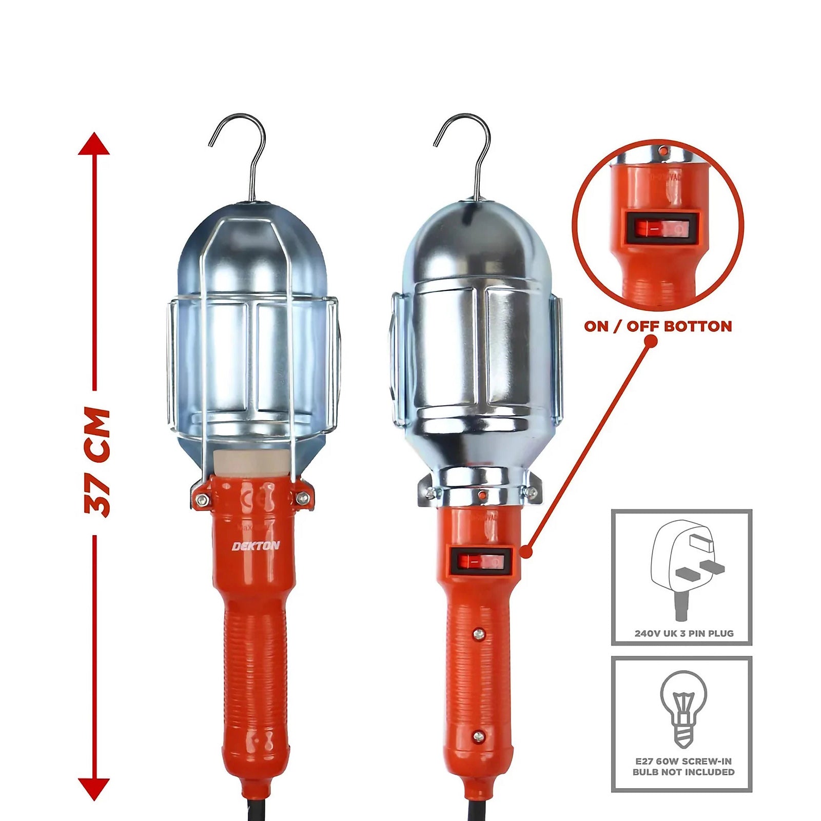 60W Inspection Lamp Garage Worklight Loft Work Light Torch c/w Hook & 5m Cable