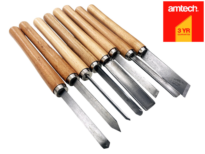 8pc Chisel Set Wood Turning Woodworking Tools Lathe Carving Woodturning Amtech