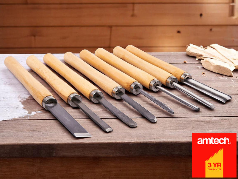 8pc Chisel Set Wood Turning Woodworking Tools Lathe Carving Woodturning Amtech