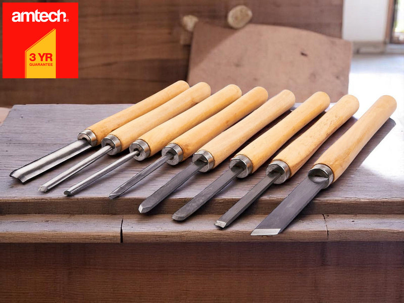 8pc Chisel Set Wood Turning Woodworking Tools Lathe Carving Woodturning Amtech