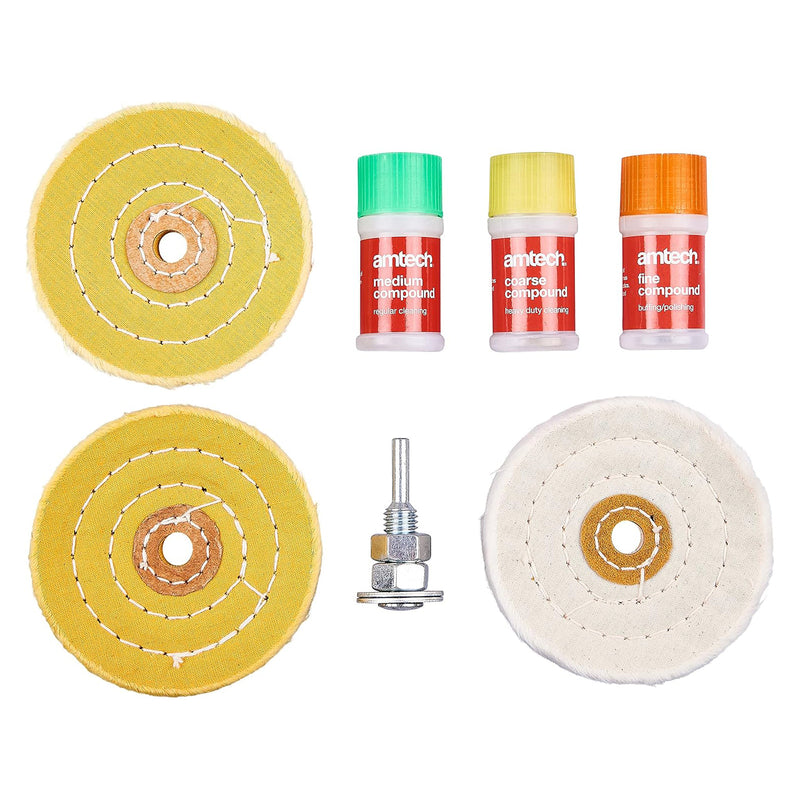 Amtech 7pc Metal Polishing Cleaning Buffing Wheel Kit | Buffer for Drills with 3 Polishing Compounds