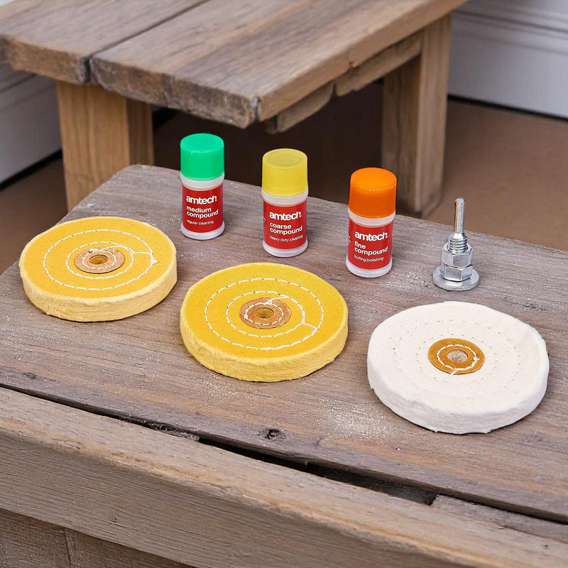 Amtech 7pc Metal Polishing Cleaning Buffing Wheel Kit | Buffer for Drills with 3 Polishing Compounds