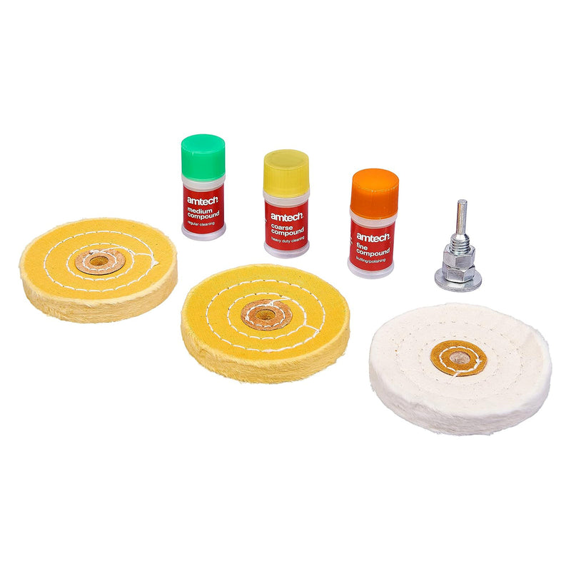Amtech 7pc Metal Polishing Cleaning Buffing Wheel Kit | Buffer for Drills with 3 Polishing Compounds