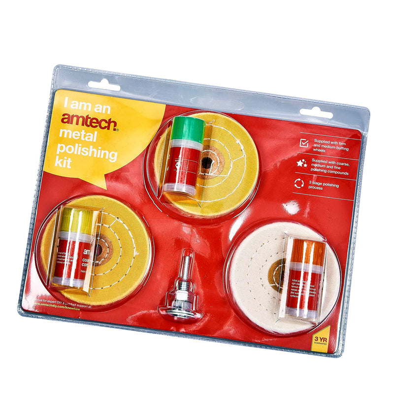 Amtech 7pc Metal Polishing Cleaning Buffing Wheel Kit | Buffer for Drills with 3 Polishing Compounds