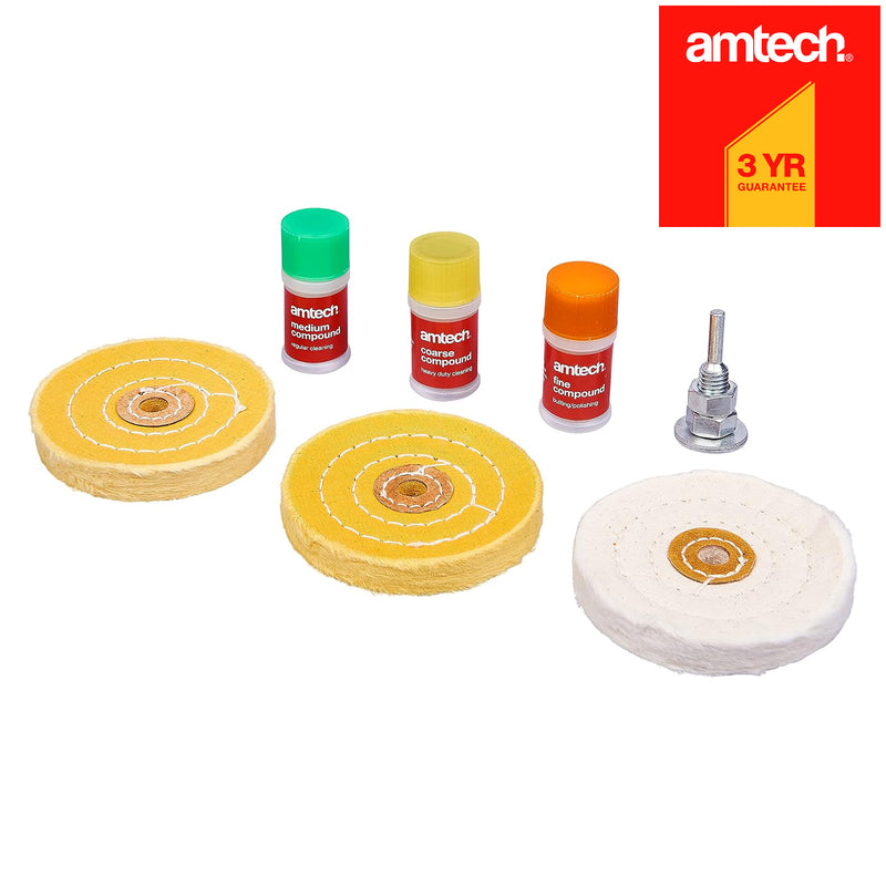 Amtech 7pc Metal Polishing Cleaning Buffing Wheel Kit | Buffer for Drills with 3 Polishing Compounds
