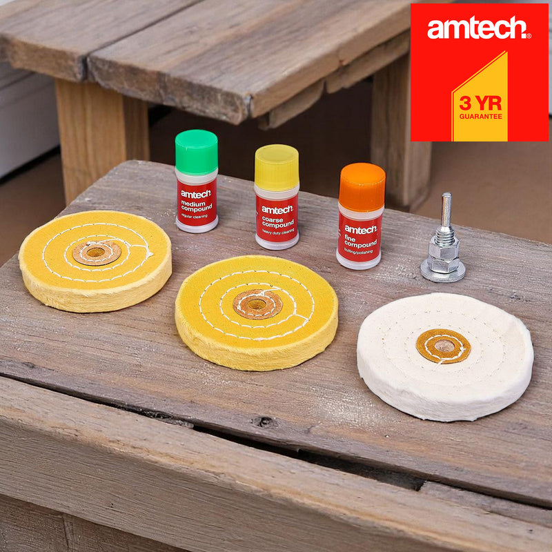 Amtech 7pc Metal Polishing Cleaning Buffing Wheel Kit | Buffer for Drills with 3 Polishing Compounds