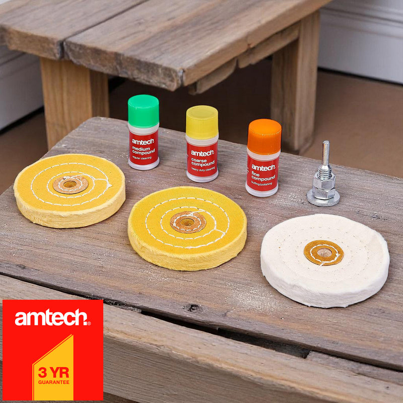 Amtech 7pc Metal Polishing Cleaning Buffing Wheel Kit | Buffer for Drills with 3 Polishing Compounds