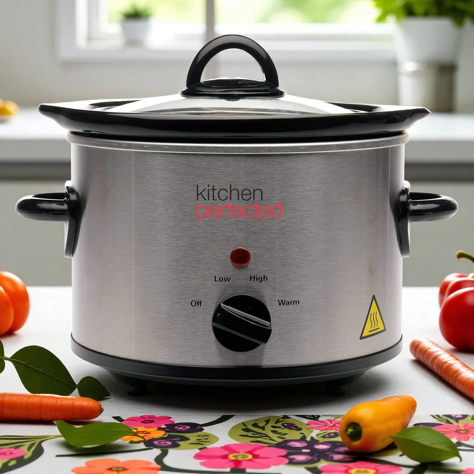 1.5L Electric Slow Cooker Stainless Steel with Clear Glass Lid and Removable Ceramic Pot