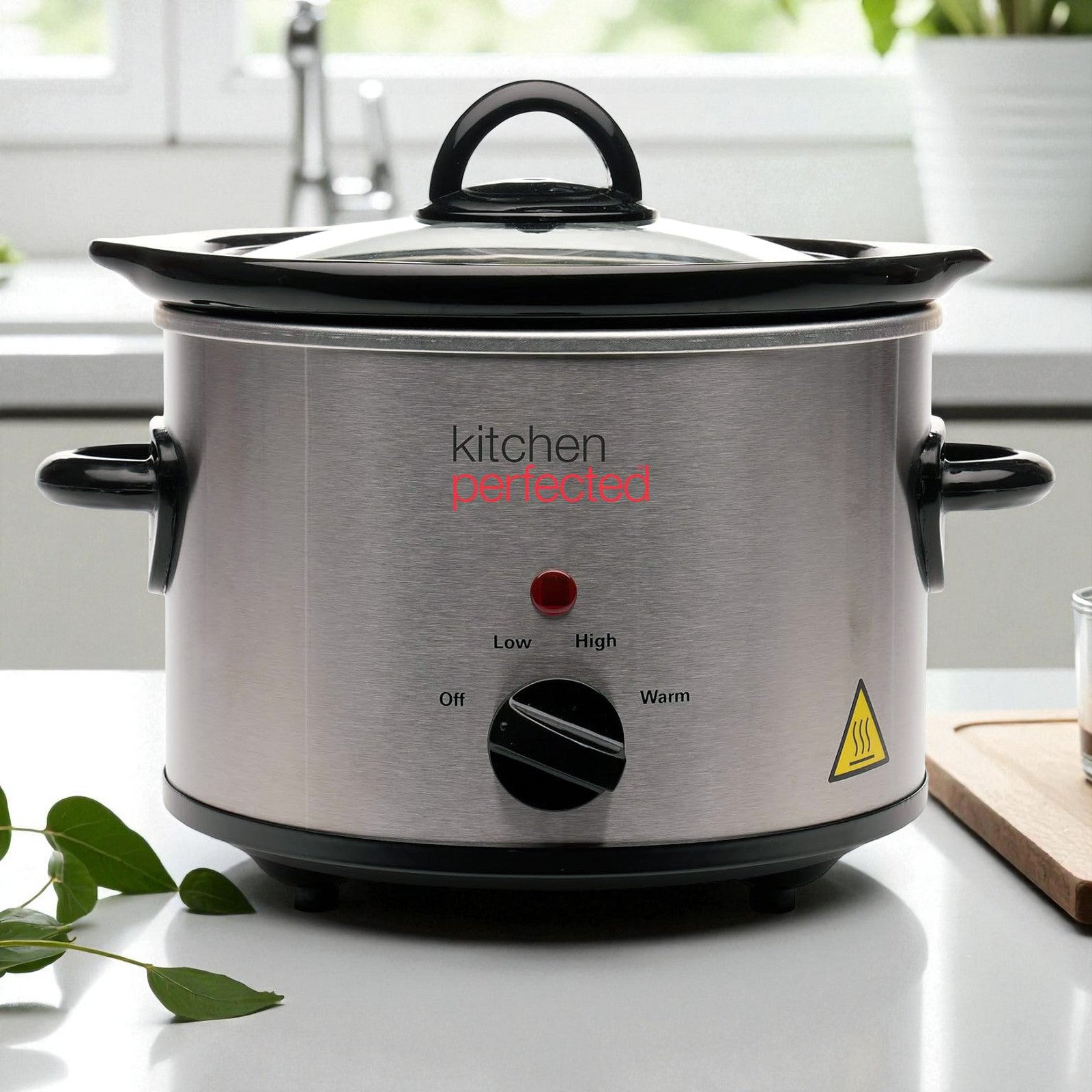 1.5L Electric Slow Cooker Stainless Steel with Clear Glass Lid and Removable Ceramic Pot
