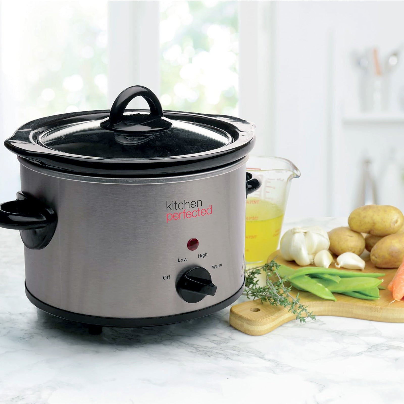 1.5L Electric Slow Cooker Stainless Steel with Clear Glass Lid and Removable Ceramic Pot