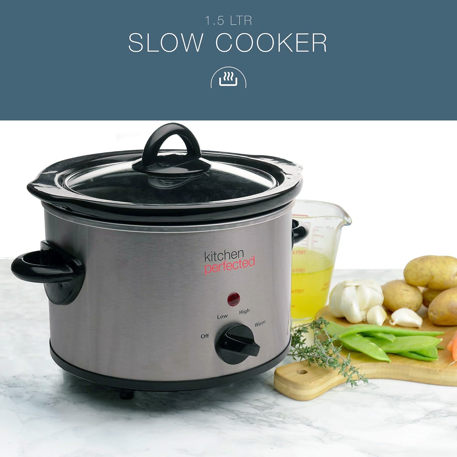 1.5L Electric Slow Cooker Stainless Steel with Clear Glass Lid and Removable Ceramic Pot