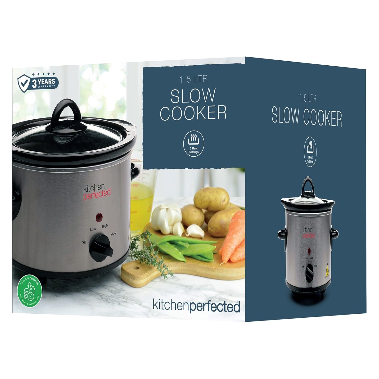 1.5L Electric Slow Cooker Stainless Steel with Clear Glass Lid and Removable Ceramic Pot