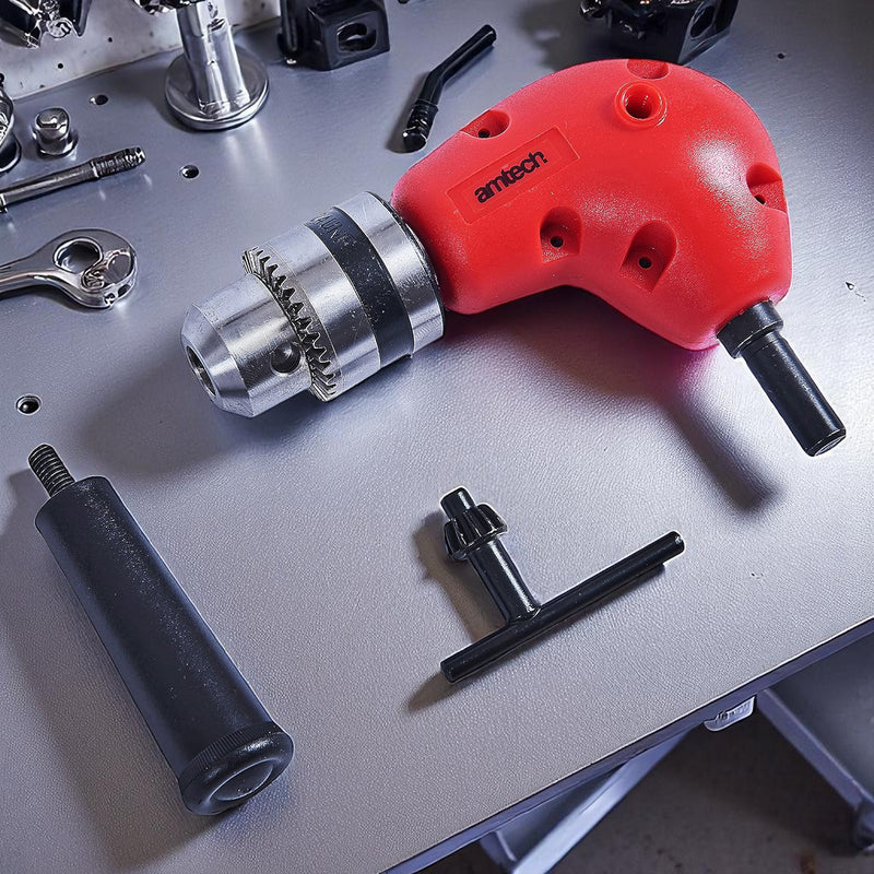 Amtech 3/8" Right Angle Drill Attachment | 90° Corner Adapter Accessory with Chuck Key and Side Handle