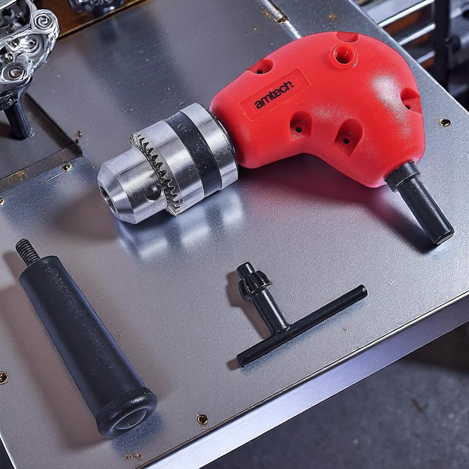 Amtech 3/8" Right Angle Drill Attachment | 90° Corner Adapter Accessory with Chuck Key and Side Handle
