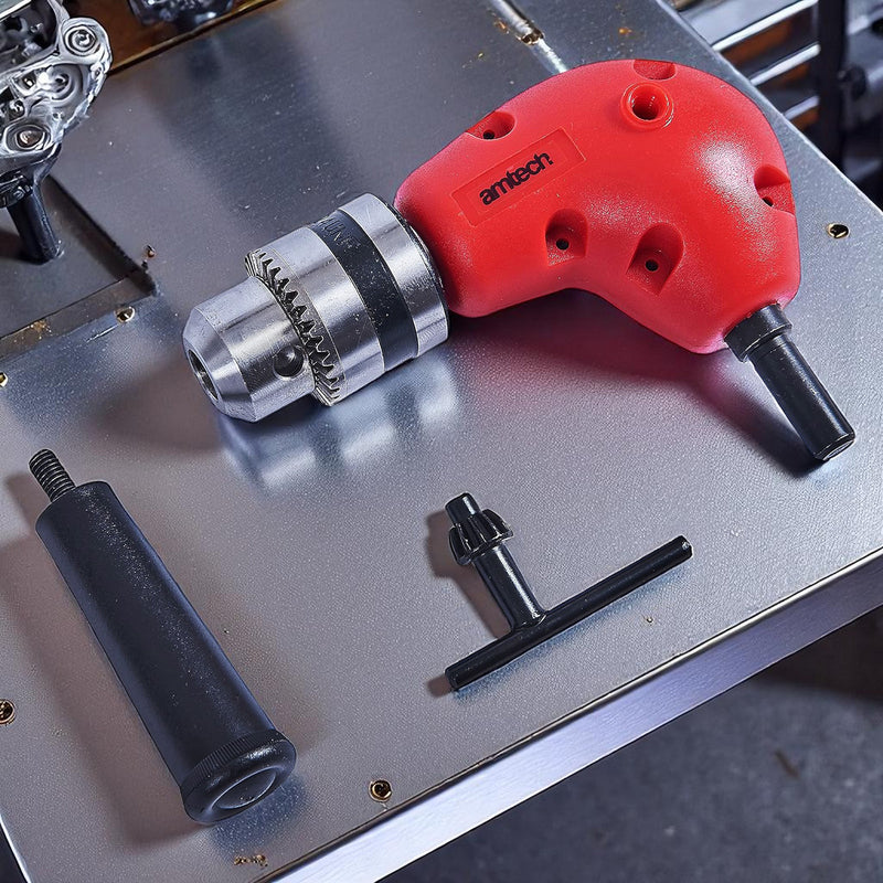Amtech 3/8" Right Angle Drill Attachment | 90° Corner Adapter Accessory with Chuck Key and Side Handle