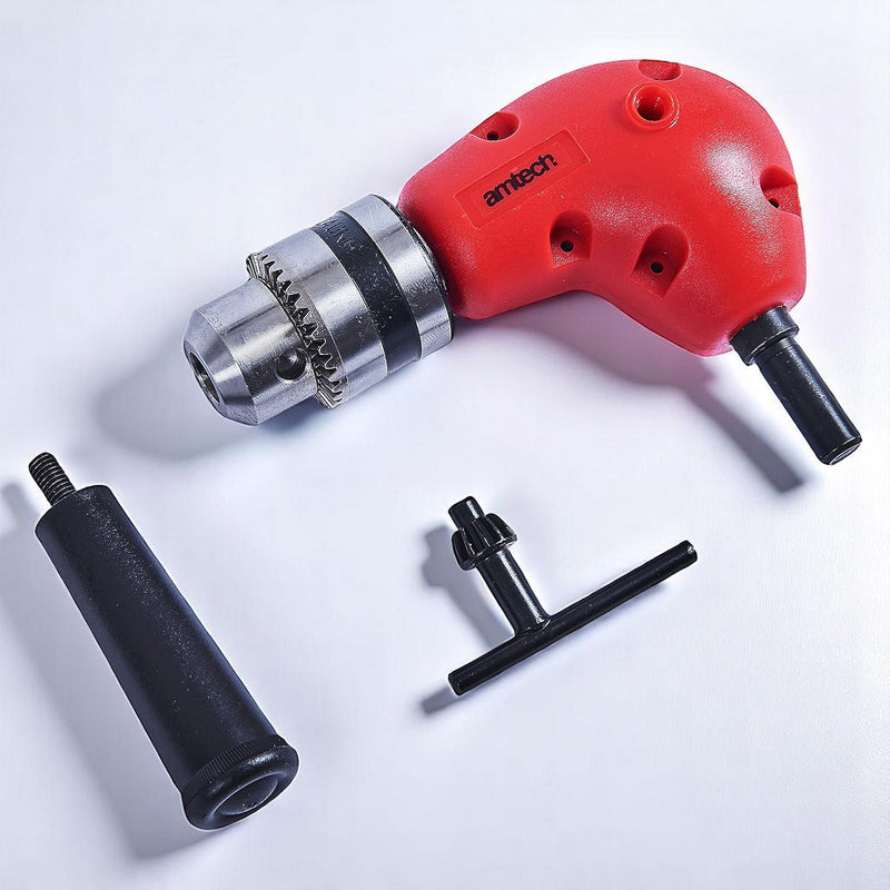 Amtech 3/8" Right Angle Drill Attachment | 90° Corner Adapter Accessory with Chuck Key and Side Handle