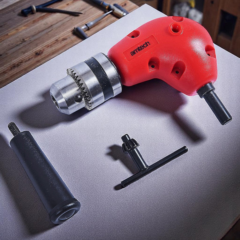 Amtech 3/8" Right Angle Drill Attachment | 90° Corner Adapter Accessory with Chuck Key and Side Handle
