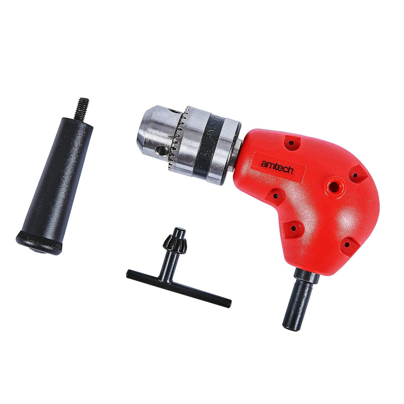 Amtech 3/8" Right Angle Drill Attachment | 90° Corner Adapter Accessory with Chuck Key and Side Handle
