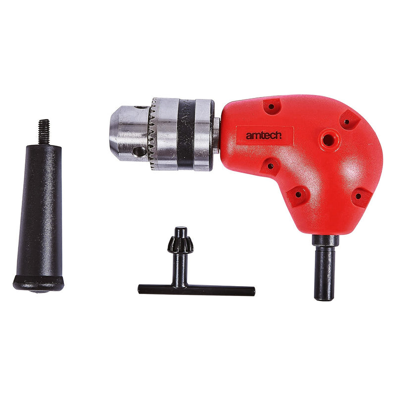 Amtech 3/8" Right Angle Drill Attachment | 90° Corner Adapter Accessory with Chuck Key and Side Handle