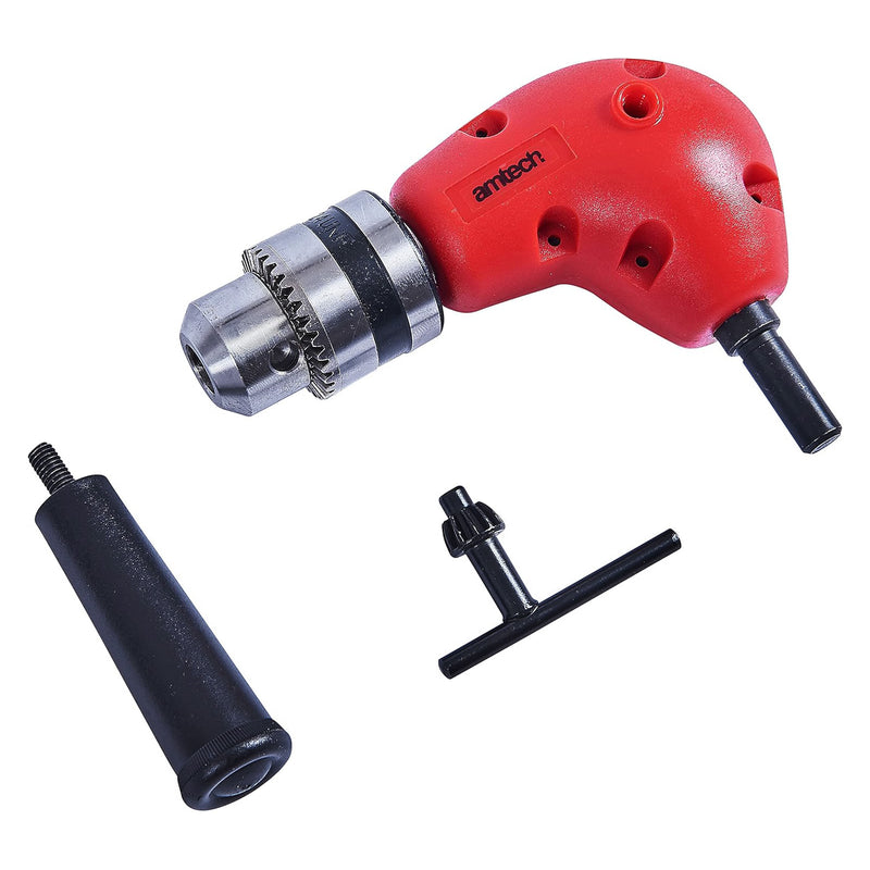 Amtech 3/8" Right Angle Drill Attachment | 90° Corner Adapter Accessory with Chuck Key and Side Handle