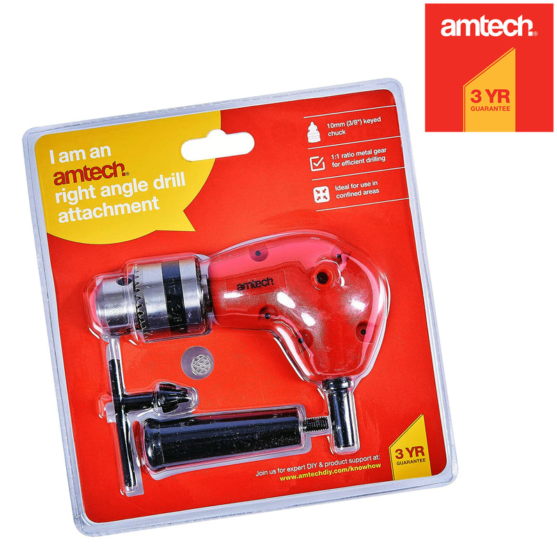 Amtech 3/8" Right Angle Drill Attachment | 90° Corner Adapter Accessory with Chuck Key and Side Handle