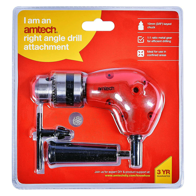Amtech 3/8" Right Angle Drill Attachment | 90° Corner Adapter Accessory with Chuck Key and Side Handle