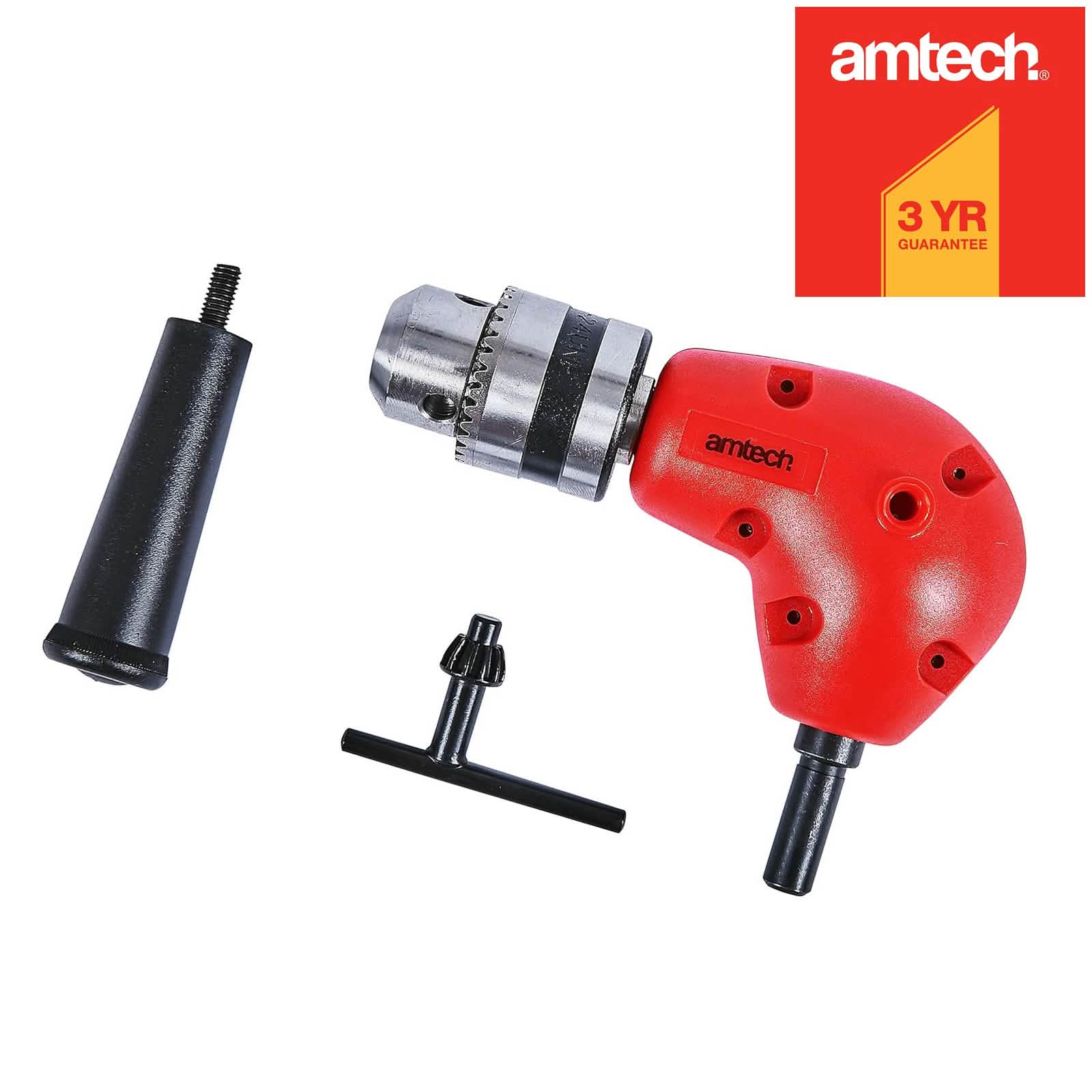 Amtech 3/8" Right Angle Drill Attachment | 90° Corner Adapter Accessory with Chuck Key and Side Handle