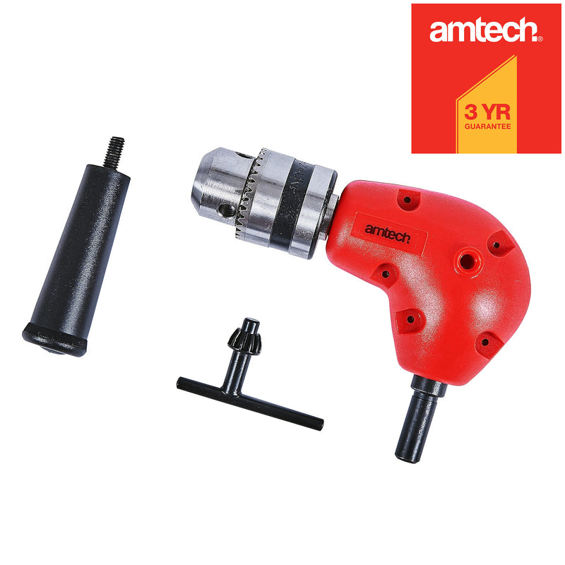 Amtech 3/8" Right Angle Drill Attachment | 90° Corner Adapter Accessory with Chuck Key and Side Handle